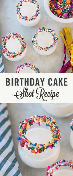 birthday cake shot recipe with sprinkles in white bowls and gold scissors on the table