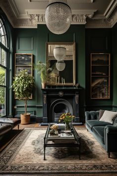 a living room filled with furniture and a fire place under a chandelier hanging from the ceiling