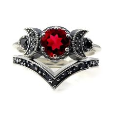 Moon & Stars Ring Set Simulated Red & Black Stone Metal Alloy Purple Stone Rings, Triple Moon Goddess, Black Diamond Engagement, Triple Moon, Moon Ring, Black Diamonds, Purple Crystals, Red Crystals, Crystal Rings