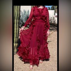 Size 10 Custom Made Gorgeous Red Gown Send Me A Reasonable Offer Red Organza Floor-length Gown, Red Embroidered Georgette Gown, Red Embroidered Floor-length Maxi Dress, Red Georgette Floor-length Maxi Dress, Red Floor-length Maternity Dress, Custom Gown, Red Gowns, Size 10, Custom Made