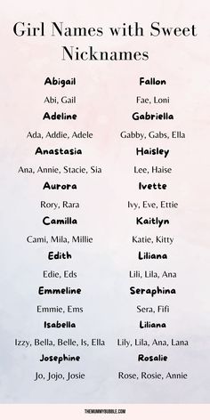 Girl names with nicknames Unique Nicknames With Meaning, Girls Names With Nicknames, Woman Names Ideas, Nickname For Girl, Sweet Nicknames, Names For Girls Unique, Names With Cute Nicknames, Long Girl Names, Vintage Girl Names