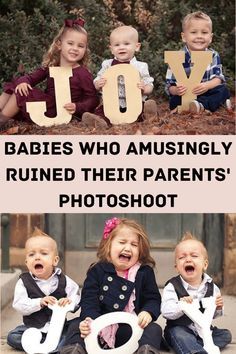 three children are sitting on the ground with letters spelling joy