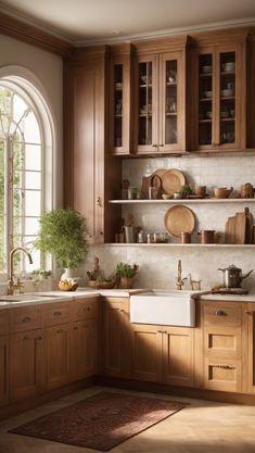 a kitchen filled with lots of wooden cabinets and counter top space next to a window