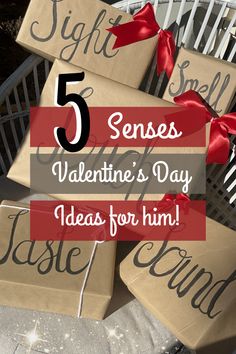 some presents are wrapped in brown paper with red ribbon on them and the words 5 sones valentine's day ideas for him