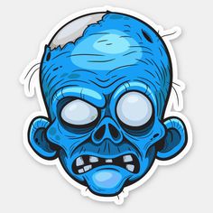 a blue sticker with an evil face on it's head, and eyes