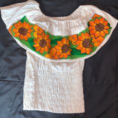 Brand New! Blouse Has Beautiful Sunflowers Embroidered Summer Folk Style Floral Print Top, Fitted Sunflower Print Top For Spring, Vacation Tops With Multicolor Floral Embroidery, Summer Peasant Top With Multicolor Embroidery And Floral Print, Folk Style Floral Print Tops For Festivals, Peasant Tops With Multicolor Embroidery For Vacation, Peasant Top With Multicolor Embroidery For Vacation, Traditional Floral Print Vacation Tops, Peasant Style Tops With Multicolor Embroidery For Vacation