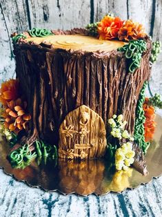 a cake made to look like a tree stump