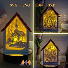 three different views of a house with lights in it and the words svg png pdf dxf