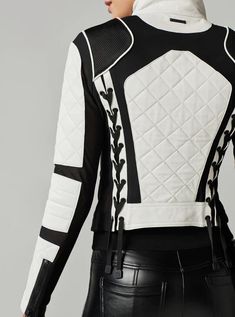 White And Black Leather Jacket, Futuristic Jacket, White Moto Jacket, Jacket Black And White, Wild Night, Moto Biker Jacket, Lambskin Leather Jacket, Women Lifestyle, Leather Zipper