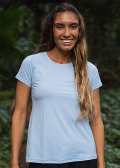 Ultimate TeeFit & Sizing Relaxed fit Features Short Sleeves Round Neckline Care Rinse in cold water to wash off any chemicals, chlorinated water or saltwater Machine wash in cold water on gentle cycle Lay flat to dry in the shade Material 88% Nylon 11% Elastane Casual Stretch Tops With Uv Protection, Stretch Solid Top For Outdoor Activities, Fitted Upf 50+ Tops For Outdoor, Functional Workout Tops With Upf 50+, Casual Crew Neck Tops With Uv Protection, Stretch Tops For Outdoor Activities In Summer, Light Blue Moisture-wicking Athleisure Top, Stretch Tops For Summer Outdoor Activities, Moisture-wicking Light Blue Workout Top