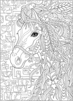 an adult coloring book with a horse's head in the center and flowers around it