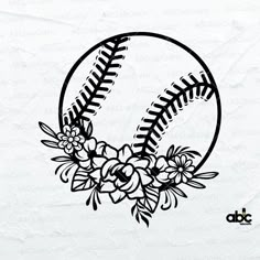 a baseball with flowers on it and the letter d in the middle is outlined into a circle