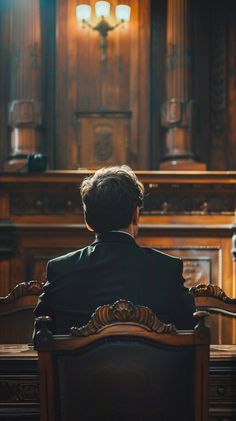 a man sitting at a desk in front of a wooden paneled wall and chandelier