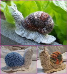 crocheted snails sitting on top of each other in different colors and sizes