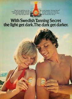 an advertisement for swedish tanning secrets with two people on the beach