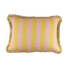 a pink and yellow striped pillow with fringes on the bottom, in front of a white background