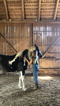 a woman standing next to a black and white horse in an enclosed area with wooden walls