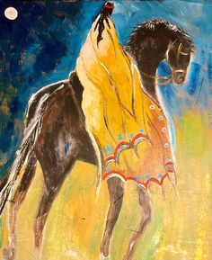 a painting of a horse wearing a yellow blanket