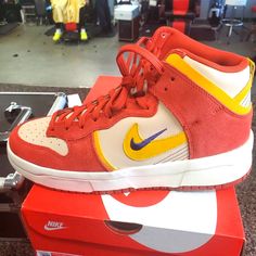 Size 11.5 Womens Cinnabar/Yellow Brand New Retro Yellow High-top Sneakers With Rubber Sole, Yellow Retro Sneakers With Boost Midsole, Retro Red Nike Basketball Shoes, Red Basketball Shoes With Gum Sole And Round Toe, Red Leather Basketball Shoes With Gum Sole, Retro Yellow Skate Shoes For Sports, Nike Yellow Basketball Shoes With Gum Sole, Red Retro Custom Sneakers With Round Toe, Retro Red Lace-up Custom Sneakers