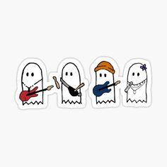 four ghost stickers with guitars and music instruments in the shape of three different faces