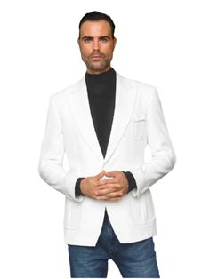 White Single Breast Men's Blazer Jackets Peak Lapel Patch Pockets MZS-563 - DESIGN MENSWEAR White Business Outerwear With Welt Pockets, Semi-formal White Blazer With Pockets, White Semi-formal Blazer With Pockets, White Outerwear With Suit Collar And Pockets, White Notch Lapel Outerwear With Patch Pockets, Semi-formal White Outerwear With Welt Pockets, Fitted Sport Coat With Lapel Collar And Pockets, White Semi-formal Outerwear With Welt Pockets, Classic Tailored Sport Coat With Flap Pockets