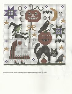 a cross stitch pattern with pumpkins, witches and cats on it's side