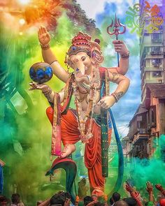 an image of the god ganesh in front of a crowd with colors on it