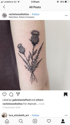 a tattoo on someone's arm with flowers in the center and leaves at the bottom