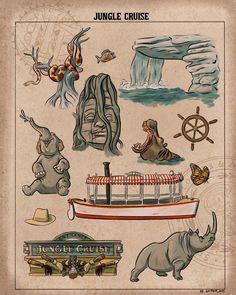 the jungle cruise poster has animals and other things on it