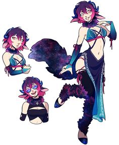 three different poses of an anime character with purple hair and blue eyes, wearing black clothes