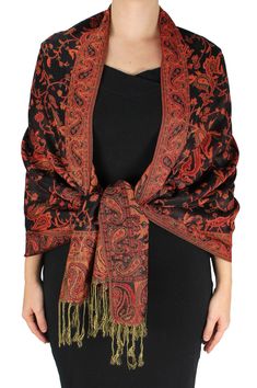 Brand: Peach CoutureFeatures: New Reversible Paisley Pashmina Feel Shawls from Peach Couture. Peach Couture is a registered trademark. Double layer, its drape and sheer vibrancy of colors have only added to its reputation as a highest quality Fashion wrap available. Features beautiful Floral Paisley Design in wide array of colors Lightweight & Fashionable easy to carry. Perfect Accessory for any season. Dimensions : 28" width x 70" length. Fringes - 3" length. Mtrl: 100% Viscose Details: Sof Cashmere Winter Scarf, Mens Cashmere Scarf, Paisley Shawl, Pashmina Wrap, Floral Shawl, Stole Scarf, Black Peach, Black Scarf, Wrap Scarf