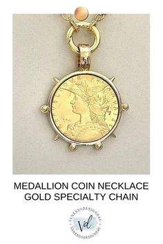 MEDALLION COIN NECKLACE-GOLD SPECIALTY CHAIN-FRENCH COIN PENDANT Luxury Classic Gold Coin Necklace, Luxury Formal Necklace With Coin Pendant, Luxury Yellow Gold Sterling Silver Coin Necklace, Luxury Elegant Medallion Necklace With Coin Pendant, Luxury Coin Necklace With Large Amulet Pendant, Luxury Pendant Coin Necklace With Adjustable Chain, Luxury Classic Round Coin Necklace, Luxury Yellow Gold Brass Coin Necklace, Luxury Brass Coin Necklace