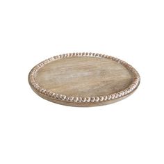 an oval wooden tray with rope trimmings on the edge and bottom, in white background