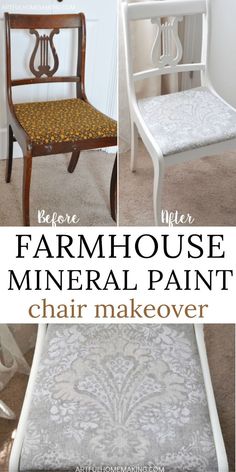 an old chair is transformed into a farmhouse paint chair makeover