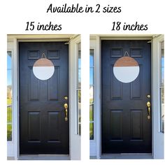 two pictures of the same door with different sizes and colors on them, one has an oval