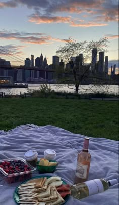 a picnic table with wine, cheese and fruit on it in front of the city skyline