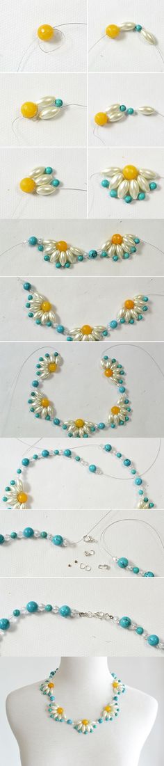 three pictures of different colored beads on a white surface with yellow, blue and green accents