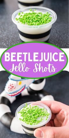 hand holding beetlejuice jello shots Beetlejuice Birthday, White Jello, Football Desserts, Juice Party, Halloween Shots, Recetas Halloween