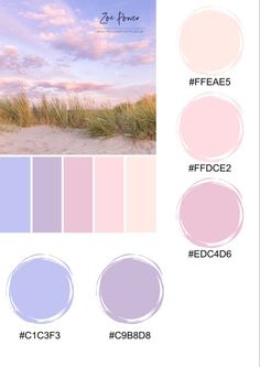 the color palette is shown in shades of pink, blue and purple with sand dunes