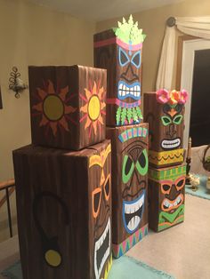 several wooden blocks decorated with different designs and colors