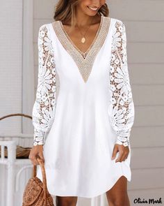 Color: white, Size: S Casual Dresses For Summer, Lace Lanterns, White Long Sleeve Dress, Lantern Sleeve Dress, Long Sleeve Casual Dress, Lace Long Sleeve, Long Sleeve Short Dress, Long Sleeve Lace Dress, Vestido Casual