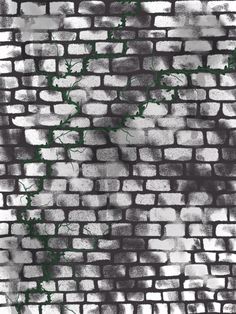 an old brick wall with green vines growing on the bricks and grungy paint