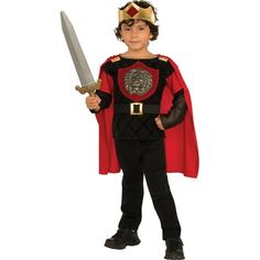 Replace King Arthur at the head of the round table in the Little Knight costume for boys. Only the most honorable and chivalrous can don this outfit; does your child have what it takes? A simple crown and flowing red cape alert others of the royal origin of the wearer. A brave hearted lion crest sits over the heart to inspire your little knight to overcome the most daunting obstacle. The quilted black long sleeve shirt mirrors that of real knights. Mesh sleeves look like chain mail and offer ext Knight Costume For Kids, Knight Halloween Costume, Medieval Knight Costume, Knight Halloween, Boys Fancy Dress, Knight Costume, Single Shirt, Dress Up Day, Medieval Dress