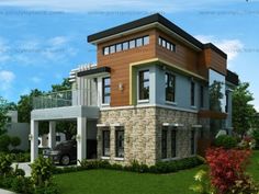 this is an artist's rendering of a two story house in the middle of a lush green area