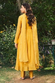 Yellow anarkali featuring scattered mirror work all over with crochet lace embroidered neck and sleeve hem. Paired with pant and a tassel, crochet lace detailed dupatta. - Aza Fashions Anarkali Style Front Open Sharara With Dupatta, Anarkali Sharara With Front Open And Dupatta, Bollywood Style Front Open Cutdana Dupatta, Semi-stitched Front Open Anarkali Set With Dupatta, Anarkali Dupatta With Resham Embroidery And Front Open, Anarkali Dupatta With Resham Embroidery, Semi-stitched Front Open Anarkali Set, Front Open Anarkali Set With Sheer Dupatta, Anarkali Style Front Open Dupatta For Festivals