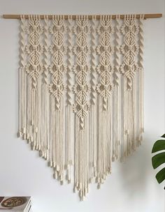 a macrame wall hanging on the wall next to a potted plant