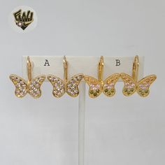 Description: -Zircon Butterfly Dangling Earrings. -Material: 18k Gold Overlay (BGO). -Size: 18mm(width) x 12mm(length). Select the Desired Style. Gold Cubic Zirconia Butterfly Earrings, Gold Overlay, Dangling Earrings, Butterfly Earrings, Laminate, 18k Gold, Dangle Earrings, Fashion Jewelry, Product Description