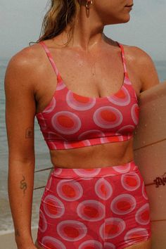 close up of a model at the beach wearing the watermelon surf bikini Summer Workout Sports Bra With Removable Pads, Seamless Athleisure Swimwear For Beach, Cropped Swimwear With Adjustable Straps For Beach, Trendy Pink Sports Bra For Summer, Triangle Top Sports Bra For Yoga In Summer, Pink Crop Top For Yoga And Summer, Pink Crop Top For Yoga In Summer, Summer Yoga Sports Bra With Adjustable Straps, Pink Crop Top For Summer Yoga