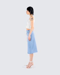 Simple, but chic 👏 Pairing an ivory sweater pattern top with a blue column midi denim skirt - this fit is the perfect casual everyday look to dress up or down 💙 Chic Knee-length Denim Skirt For Summer, Trendy Midi Length Denim Skirt, Trendy Midi-length Denim Skirt For Spring, Trendy Midi Denim Skirt For Spring, Trendy Spring Denim Midi Skirt, Casual Midi Length Denim Blue Bottoms, Chic White Denim Skirt For Work, Casual Denim Blue Midi Bottoms, Spring Midi Skirt In Medium Wash