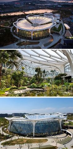 two pictures of the inside and outside of a building, one with a glass dome on top